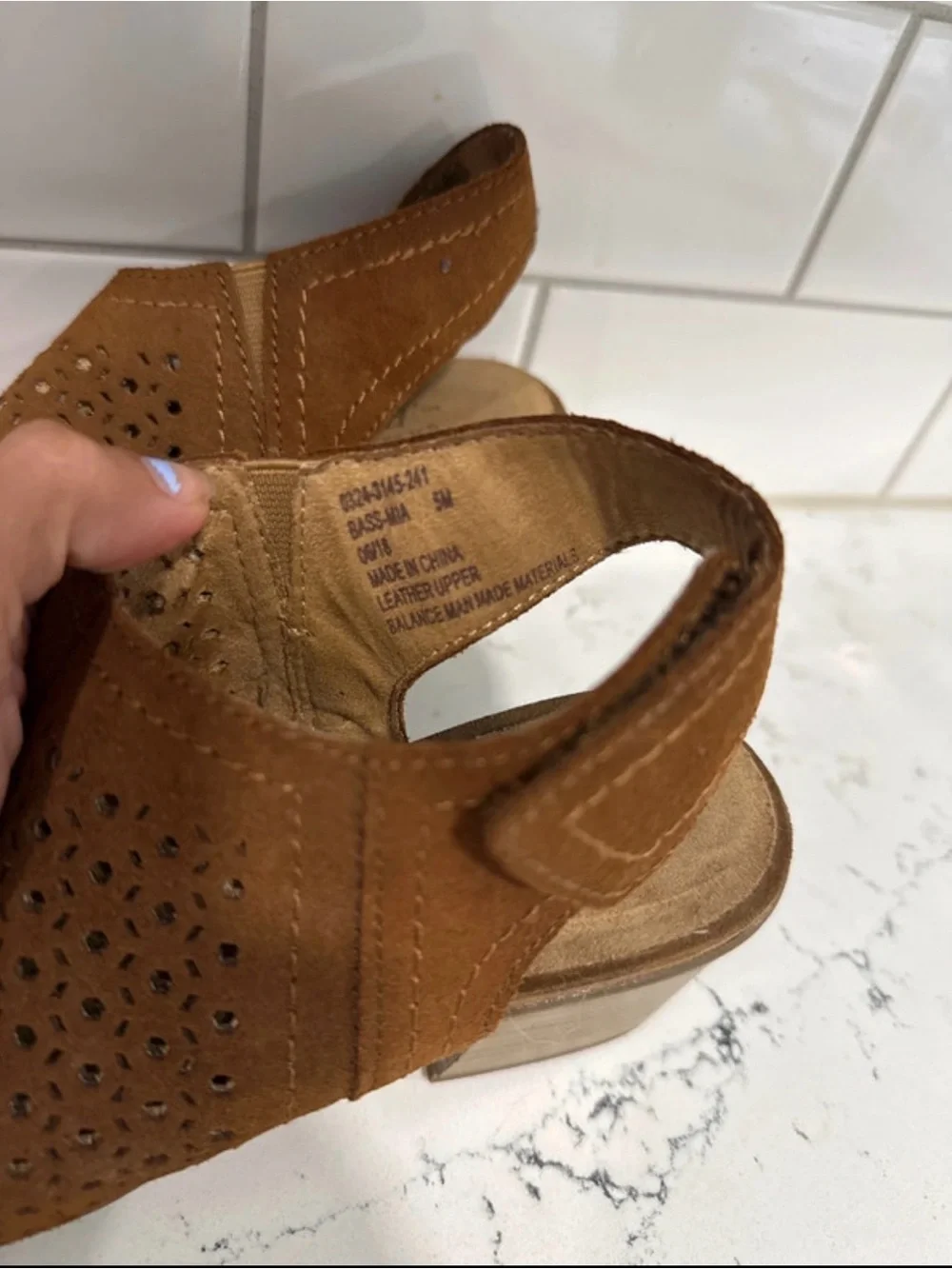 G.H. Bass & Co. Tan Suede Peep-Toe Laser-Cut Block Heel Sandals